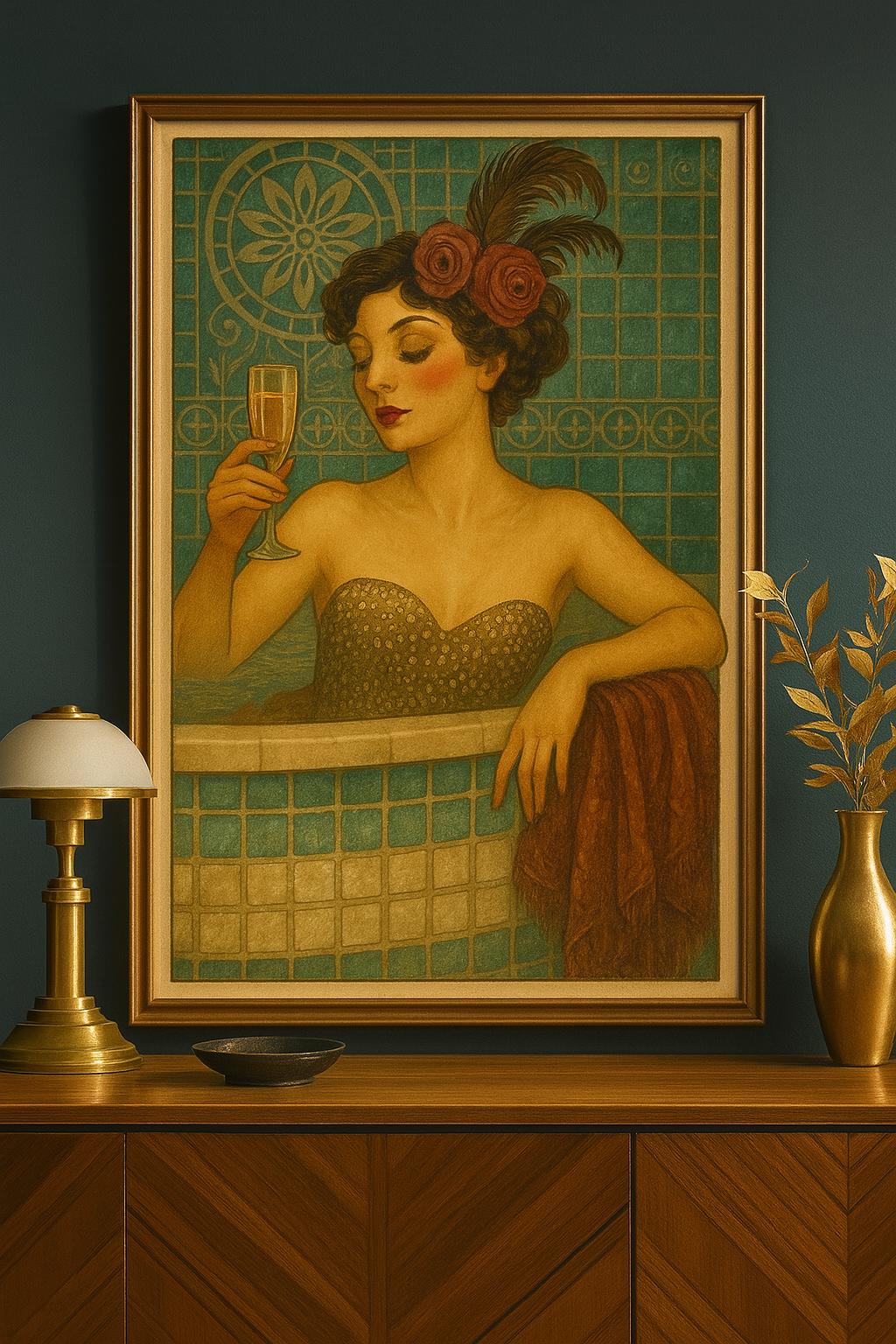 Art Nouveau Woman in Bathtub Print: Vintage Champagne Bathroom Decor (Digital Download)