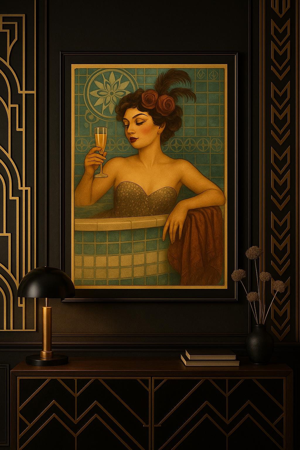 Art Nouveau Woman in Bathtub Print: Vintage Champagne Bathroom Decor (Digital Download)