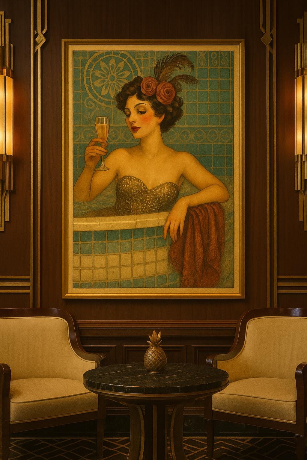 Art Nouveau Woman in Bathtub Print: Vintage Champagne Bathroom Decor (Digital Download)